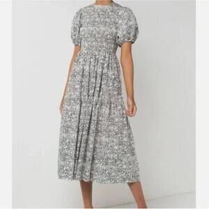 S/W/F White & Black Floral Print Smocked Puff-Sleeve Midi Dress